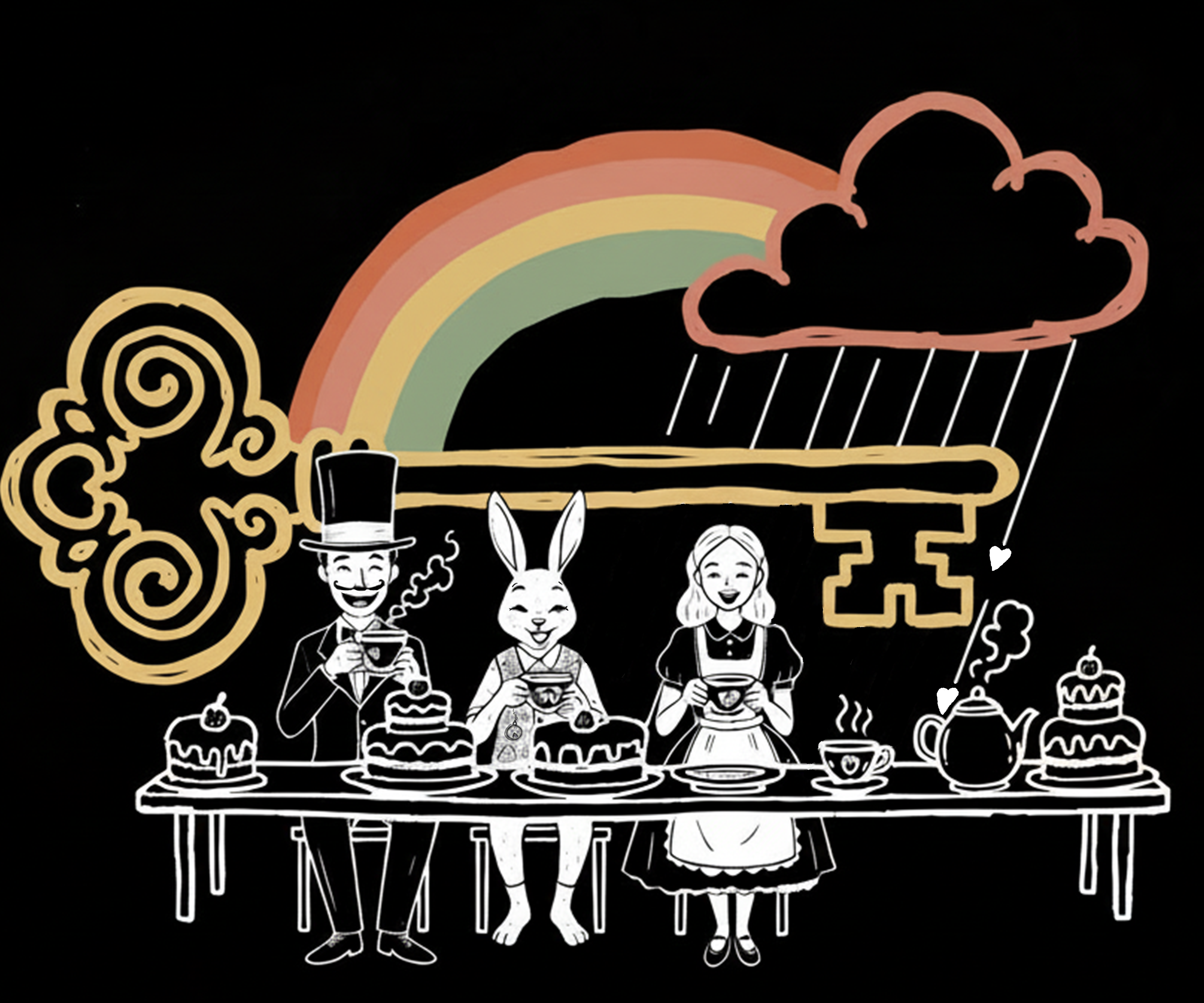 a happy tea party taking shelter under a key